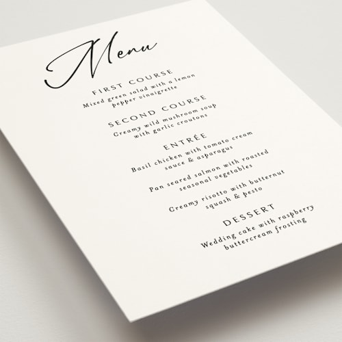 This is a onyx menu cards with standard by Katherine Moynagh called belle romance printing on signature in standard