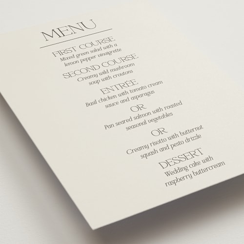 This is a stone menu cards with standard by Ashlee Townsend called modernique printing on signature in standard