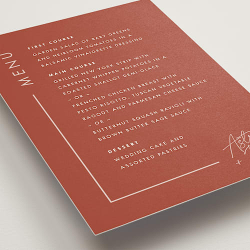 This is a peach cream menu cards with standard by Snow and Ivy called jot printing on signature in standard