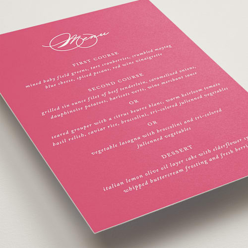 This is a carnation menu cards with standard by Jennifer Postorino called everlasting printing on signature in standard