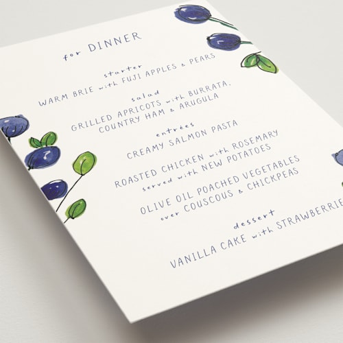 This is a cornflower menu cards with standard by Mere Paper called blue bells printing on signature in standard