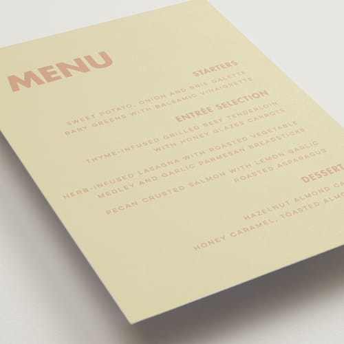 This is a salmon menu cards with standard by Ellen Schlegelmilch called sienna printing on signature in standard