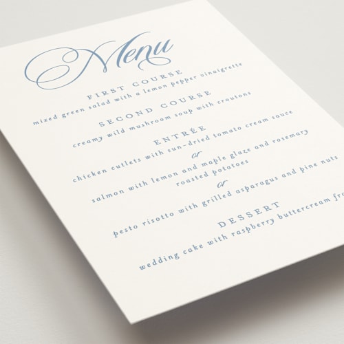 This is a sky menu cards with standard by Creo Study called aristocratic printing on signature in 5x7