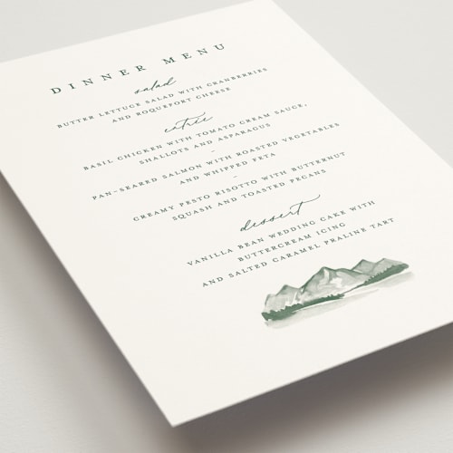 This is a pine menu cards with standard by Amy Kross called mountain ridge printing on signature in 5x7