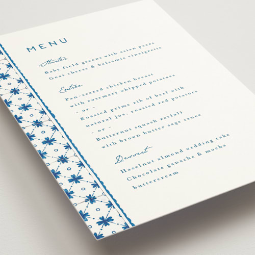 This is a navy menu cards with standard by Anastasia Makarova called watercolor tile printing on signature in 5x7