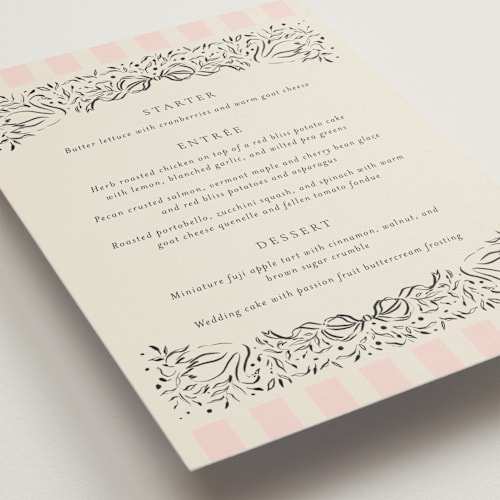 This is a peony menu cards with standard by Jackie Crawford called hand illustrated crest printing on signature in 5x7