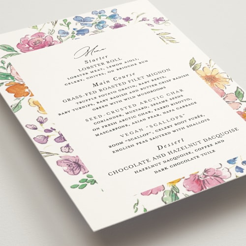 This is a tropical menu cards with standard by Itsy Belle Studio called floral pop printing on signature in 5x7