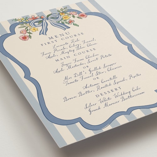 This is a cornflower menu cards with standard by Chris Griffith called a wedding in low country printing on signature in 5x7