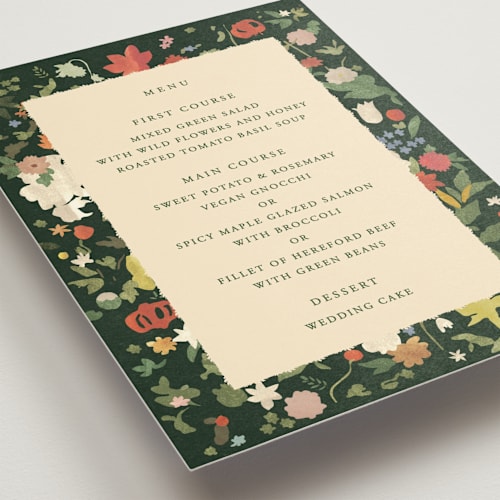 This is a garden menu cards with standard by Sumak Studio called all the flowers of the world printing on signature in 5x7