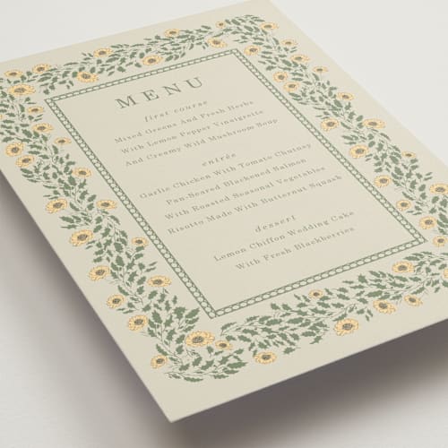 This is a mustard menu cards with standard by Baumbirdy called framed floral printing on signature in 5x7