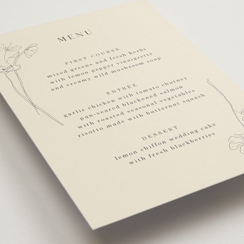 This is a ivory menu cards with standard by Baumbirdy called floral stamp printing on signature in 5x7