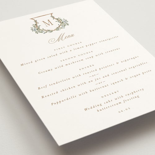 This is a lake menu cards with standard by Leah Bisch called arbour printing on signature in 5x7