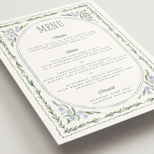 This is a wisteria menu cards with standard by Jenna Holcomb called vintage sketched printing on signature in 5x7