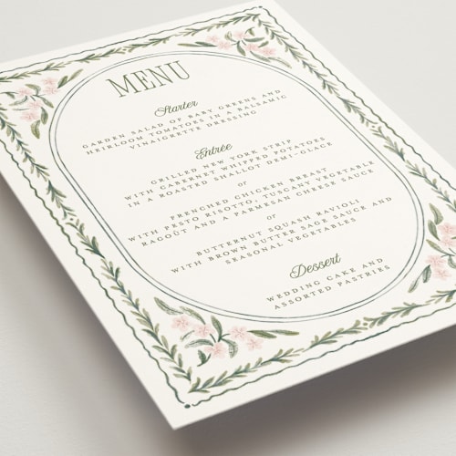 This is a peony menu cards with standard by Jenna Holcomb called vintage sketched printing on signature in 5x7