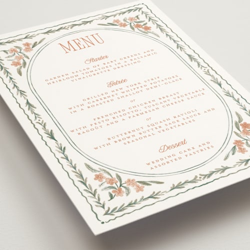 This is a persimmon menu cards with standard by Jenna Holcomb called vintage sketched printing on signature in 5x7