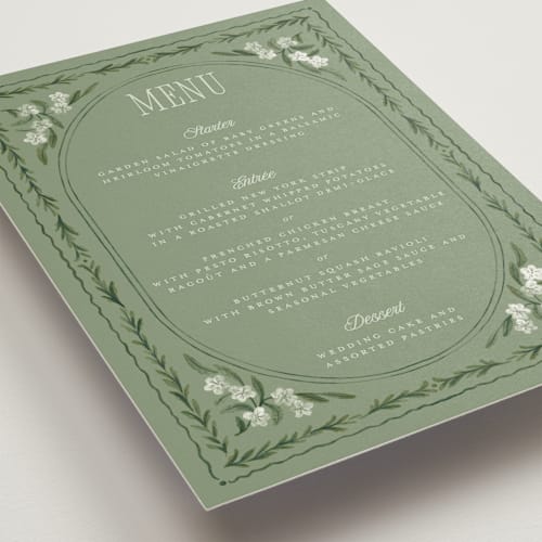 This is a sage menu cards with standard by Jenna Holcomb called vintage sketched printing on signature in 5x7