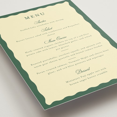 This is a citrine menu cards with standard by Emily Betts called curved frame printing on signature in standard