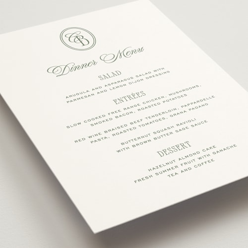 This is a moss menu cards with standard by Kelly Schmidt called woods printing on signature in standard