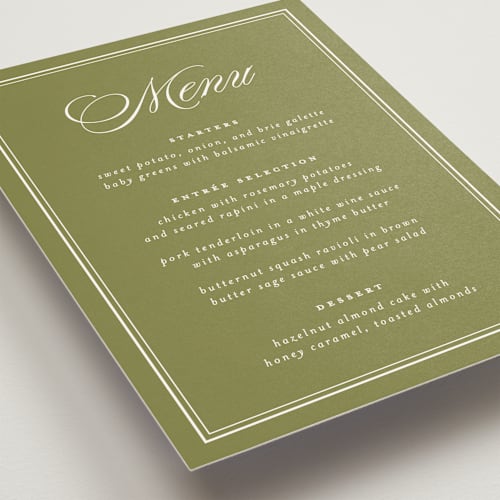 This is a olive menu cards with standard by Ellen Schlegelmilch called museo printing on signature in standard