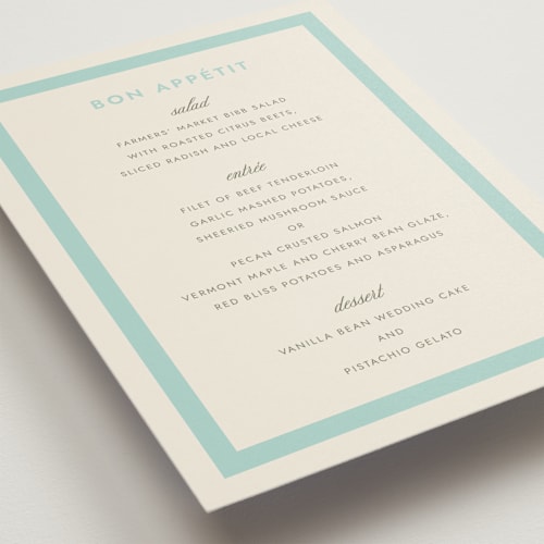 This is a haint blue menu cards with standard by Megan Davis called montauk printing on signature in 5x7