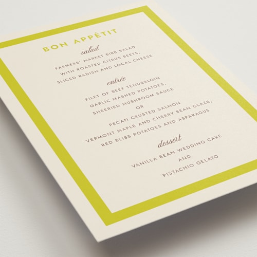 This is a citrus menu cards with standard by Megan Davis called montauk printing on signature in 5x7
