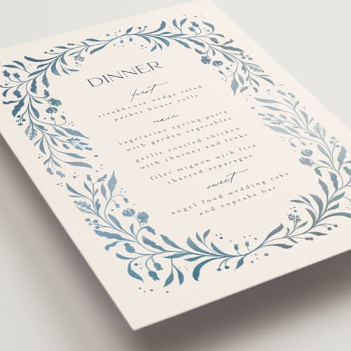 This is a delft blue menu cards with standard by Ashley DeMeyere called porcelain printing on signature in 5x7