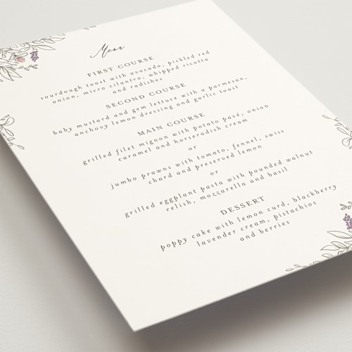 This is a ravello menu cards with standard by Anne Ciotola called cottonwood printing on signature in 5x7