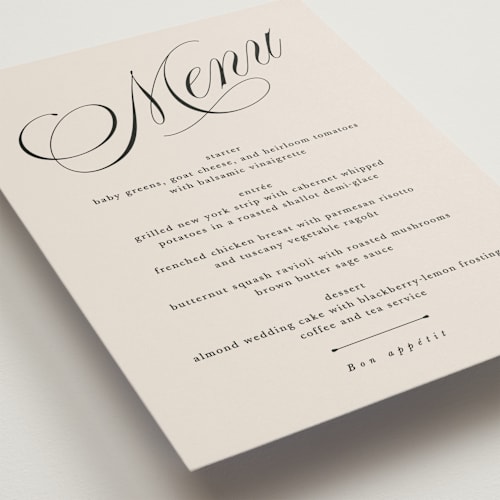 This is a linen menu cards with standard by Kate Ahn called mirin printing on signature in 5x7