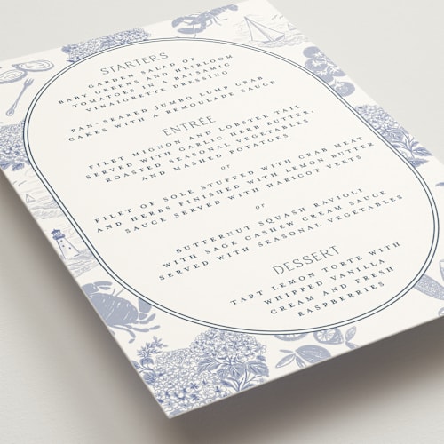 This is a periwinkle menu cards with standard by Jenna Holcomb called coastal toile printing on signature in 5x7