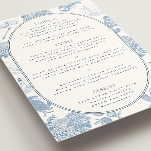 This is a sea menu cards with standard by Jenna Holcomb called coastal toile printing on signature in 5x7