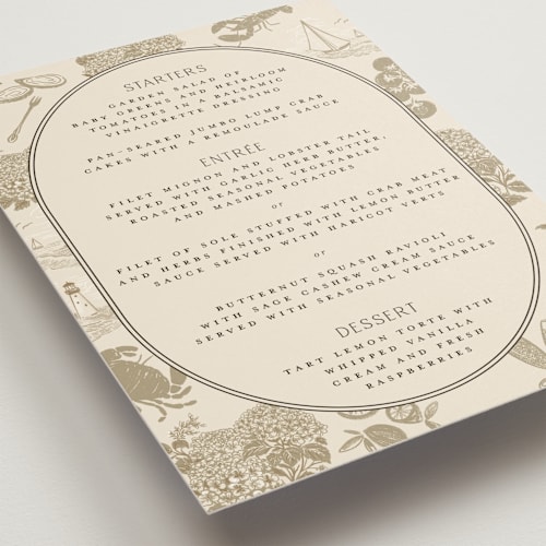 This is a sand menu cards with standard by Jenna Holcomb called coastal toile printing on signature in 5x7