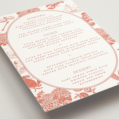 This is a sunset menu cards with standard by Jenna Holcomb called coastal toile printing on signature in 5x7
