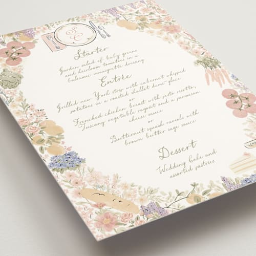 This is a petal menu cards with standard by Jenna Holcomb called charlotte printing on signature in 5x7