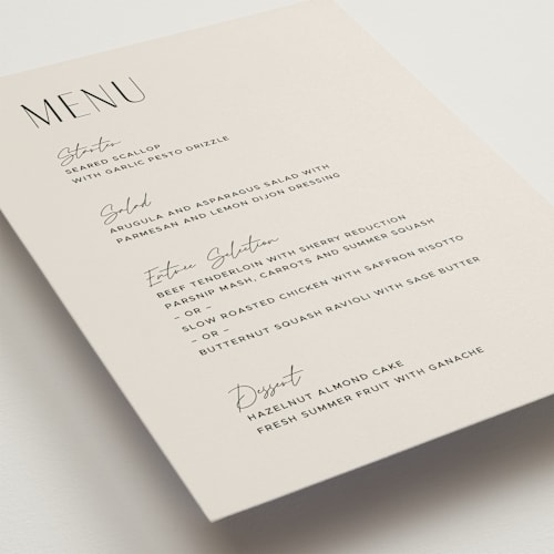 This is a linen menu cards with standard by Kelly Schmidt called arabilla overlap printing on signature in 5x7