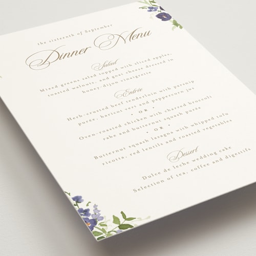 This is a iris menu cards with standard by Everett Paper Goods called wildflower trellis printing on signature in 5x7