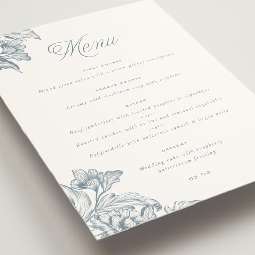 This is a lake menu cards with standard by Leah Bisch called wreath in bloom printing on signature in 5x7