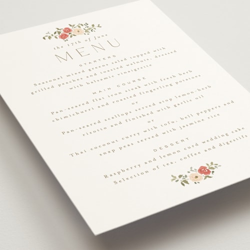 This is a pomegranate menu cards with standard by Everett Paper Goods called roses crest printing on signature in 5x7