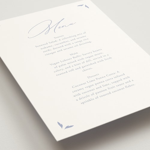 This is a pale cerulean menu cards with standard by Sabrin Deirani called ocean dreams printing on signature in 5x7