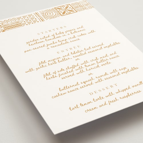 This is a amber menu cards with standard by Selima Akhter called tribal rythm printing on signature in standard