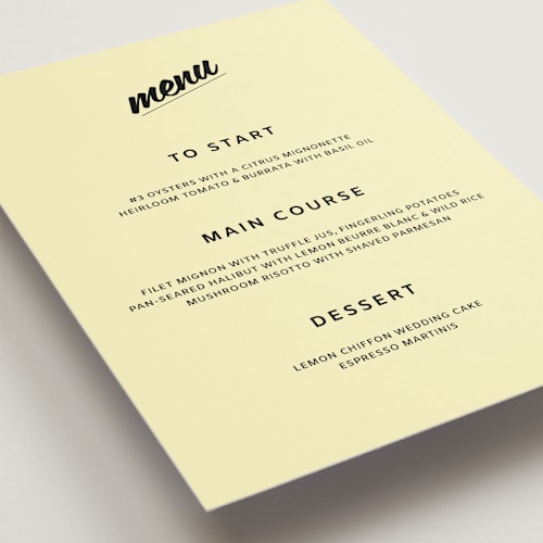 This is a butter menu cards with standard by Studio Suku called courthouse printing on signature in standard