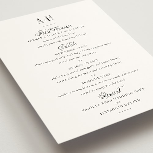 This is a tuxedo menu cards with standard by Megan Davis called hepburn printing on signature in standard