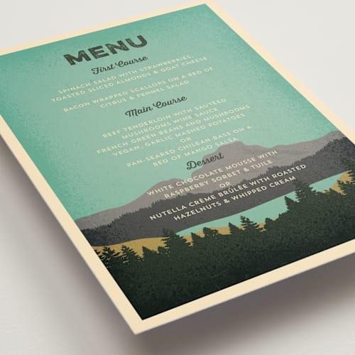 This is a forest menu cards with standard by Nam Bourassa called mountain view printing on signature in standard