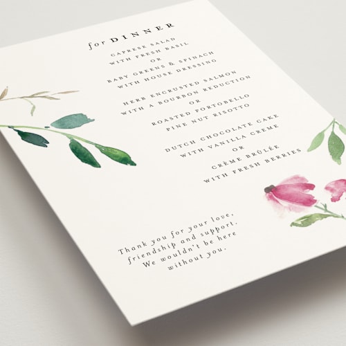 This is a pink floral menu cards with standard by Mere Paper called spring wildflowers printing on signature in standard