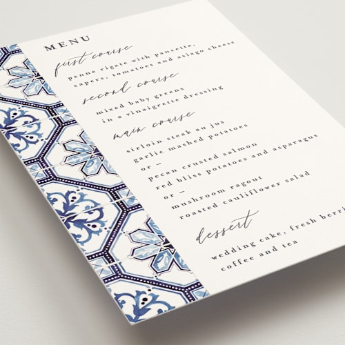 This is a azure menu cards with standard by Anastasia Makarova called watercolor azulejo printing on signature in standard