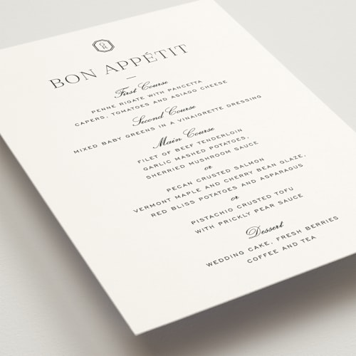 This is a charcoal menu cards with standard by Megan Davis called upper east printing on signature in standard