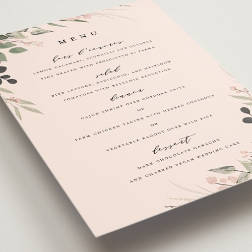 This is a blush menu cards with standard by Susan Moyal called ivory ring printing on signature in standard