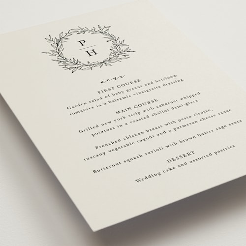 This is a cotton menu cards with standard by Kate Ahn called leafy wreath printing on signature in standard