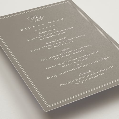 This is a slate menu cards with standard by Amy Kross called overlapping printing on signature in 5x7