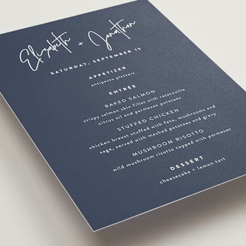 This is a navy menu cards with standard by JoAnn Jinks called marked printing on signature in standard