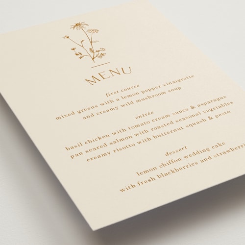 This is a cream menu cards with standard by Baumbirdy called floral type arch printing on signature in standard